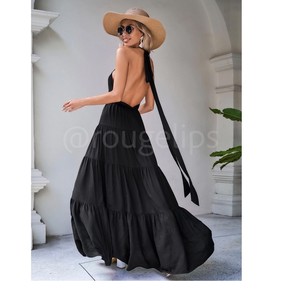 Black Maxi Dress Halter Neck Ties Backless Open Back Flared Long Ruffle Hem - Picture 7 of 8